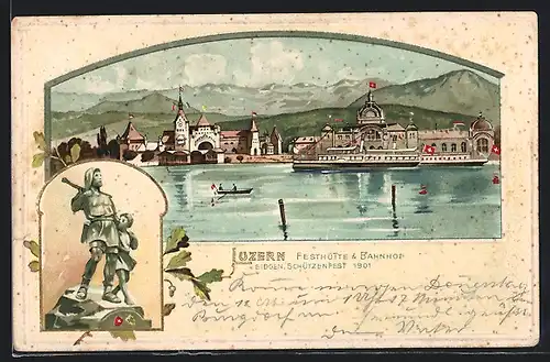 Passepartout-Lithographie Luzern, Eidgen. Schützenfest 1901, Festhütte und Bahnhof, Eichenblatt