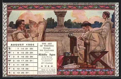 AK L`Écriture a travers les ages, Moyen-Age, Kalender August 1904, Schreiber