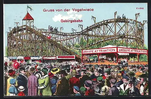 Künstler-AK Gebirgsbahn, Volksfest, Überfüllter Platz