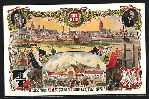 Künstler-AK Frankfurt / Main, XI. Deutsches Turnfest 1908, Gut Heil!, Gesamtansicht und Festhalle, Wappen