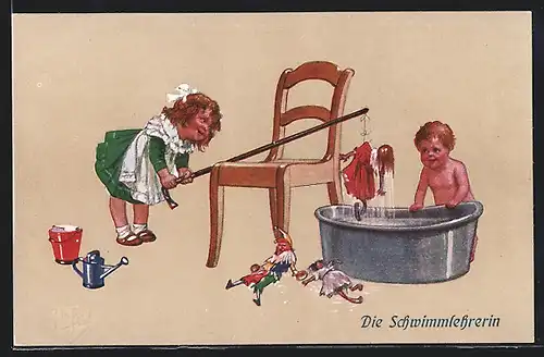 Künstler-AK Arthur Thiele: Die Schwimmlehrerin