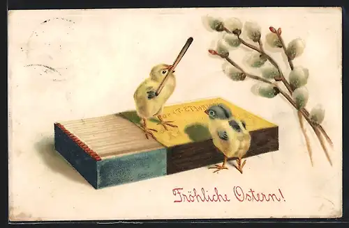 Lithographie Osterküken mit Streichholzschachtel, Weidenkätzchen, Ostergruss