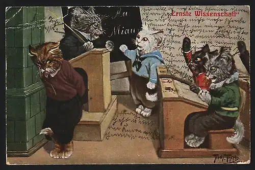 Künstler-AK Arthur Thiele: Katzen in der Schulstunde, vermenschlichte Tiere