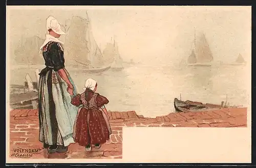 Künstler-AK H. Cassiers: Volendam, Mutter mit ihrer Tochter am Hafen, niederländische Tracht