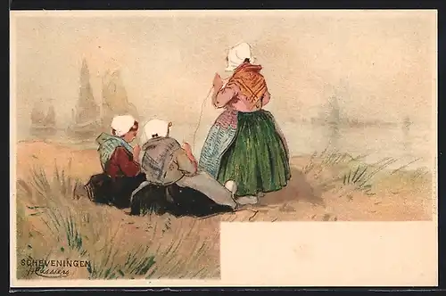 Künstler-AK Henri Cassiers: Scheveningen, Mädchen in Tracht sitzen mit ihrer Handarbeit am Ufer