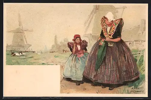 Künstler-Lithographie Henri Cassiers: Axel, Niederländsiche Tracht