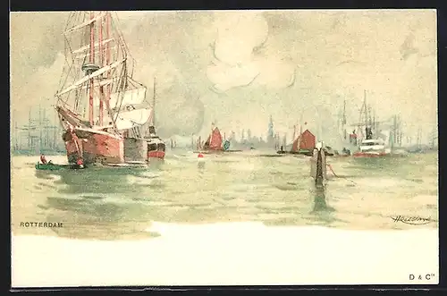 Künstler-Lithographie Henri Cassiers: Rotterdam, Segelschiffe im Hafen