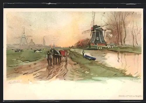 Künstler-AK Henri Cassiers: Leyde, Windmühle am Fluss