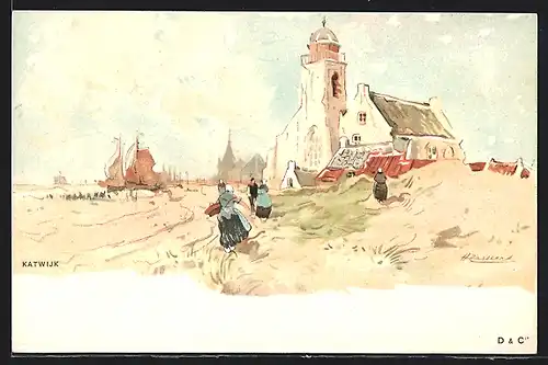 Künstler-Lithographie Henri Cassiers: Katwijk, Ortsansicht mit Kirche