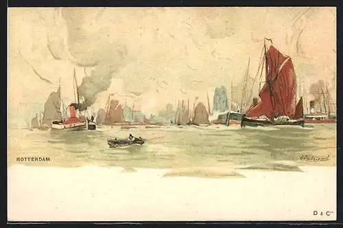 Künstler-AK Henri Cassiers: Rotterdam, Dampf- und Segelschiffe im Hafen