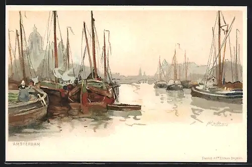 Künstler-AK Henri Cassiers: Amsterdam, Schiffe im Hafen