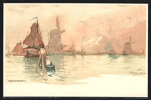 Künstler-AK Henri Cassiers: Dordrecht, Segelschiffe fahren an Windmühlen vorbei