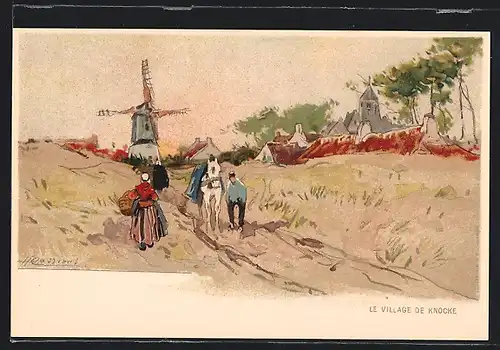 Künstler-AK Henri Cassiers: le village de Knocke, Holländer in Tracht vor Mühle