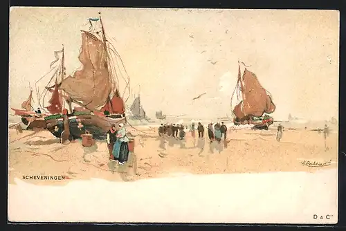 Künstler-AK Henri Cassiers: Scheveningen, Segelboote liegen bei Ebbe auf dem Strand