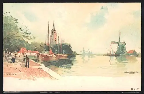 Künstler-AK Henri Cassiers: Zaandam, Hafenpartie mit Windmühle