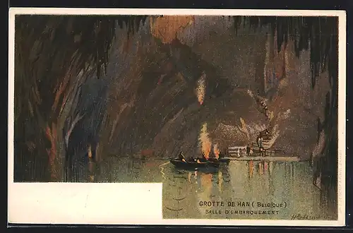 Künstler-AK Henri Cassiers: Belgique, Grotte de Han, Salle d`Embarquement