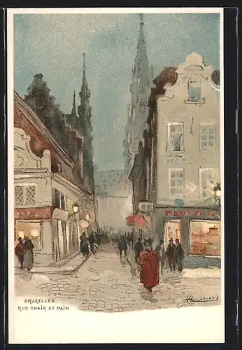 Künstler-AK Henri Cassiers: Brüssel, Leute in der Rue Chair et Pain