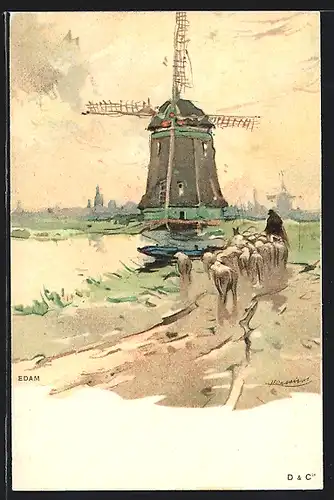 Künstler-AK Henri Cassiers: Edam, Mühle und Schafhirte