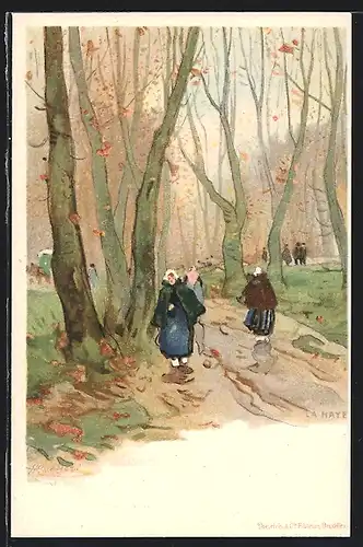 Künstler-Lithographie Henri Cassiers: La Haye, Partie im Wald