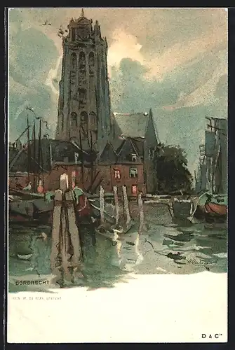 Künstler-AK Henri Cassiers: Dordrecht, Blick vom Hafen zur Kirche