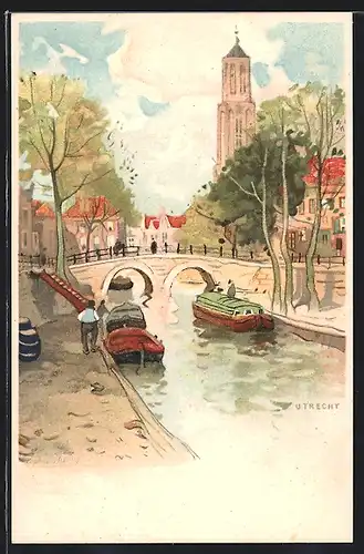 Künstler-AK Henri Cassiers: Utrecht, Promenade an einer Gracht