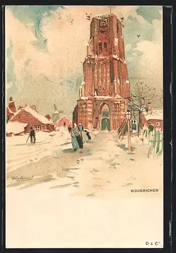 Künstler-AK Henri Cassiers: Woudrichem, Verschneite Ortspartie mit Kirche