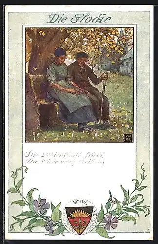 Künstler-AK Karl Friedrich Gsur, Deutscher Schulverein NR 4: Altes Paar auf einer Bank unterm Baum, Spruch, Wappen