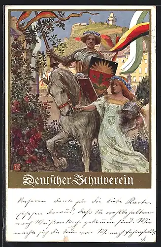 Künstler-AK Karl Friedrich Gsur, Deutscher Schulverein NR: 106, Soldat auf einem Pferd mit einer Frau