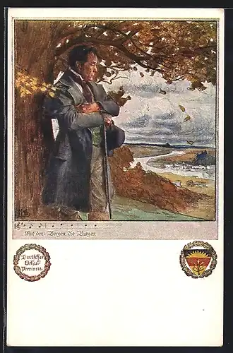 Künstler-AK Karl Friedrich Gsur, Deutscher Schulverein NR. 458: Mann am Laubbaum und blickt sehnsüchtig in ein Tal