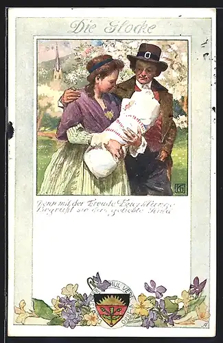 Künstler-AK Karl Friedrich Gsur, Deutscher Schulverein NR: 192, Die Glocke, Ehepaar mit Neugeborenem