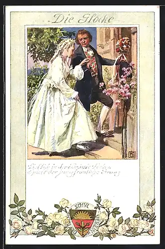 Künstler-AK Karl Friedrich Gsur, Deutscher Schulverein NR: 194, Die Glocke, Das Brautpaar, Wappen