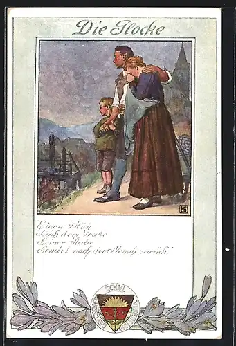 Künstler-AK Karl Friedrich Gsur, Deutscher Schulverein NR 197: Die Glocke, Trauernde Familie, Sprüchlein