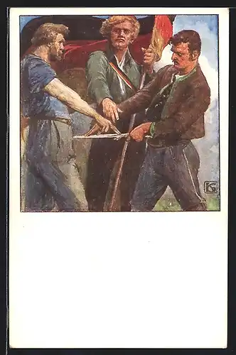 Künstler-AK Karl Friedrich Gsur: Drei Männer mit Deutschlandfahne