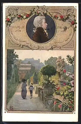 Künstler-AK Karl Friedrich Gsur: Mutter und Kind flanieren im Garten, Portrait von W. A. Mozart