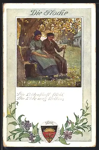Künstler-AK Karl Friedrich Gsur, Deutscher Schulverein NR 4: Altes Paar auf einer Bank unterm Baum, Spruch, Wappen