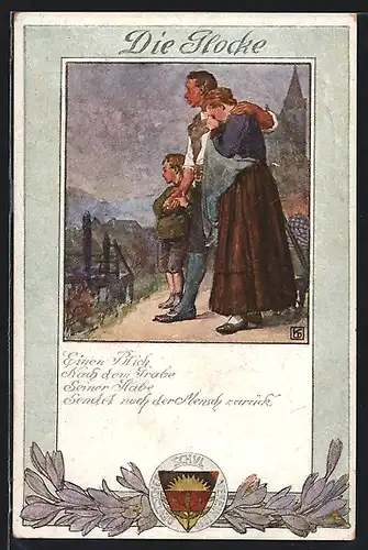 Künstler-AK Karl Friedrich Gsur, Deutscher Schulverein NR 197: Die Glocke, Trauernde Familie, Sprüchlein