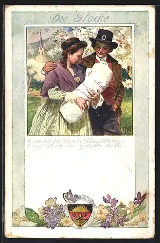 Künstler-AK Karl Friedrich Gsur, Deutscher Schulverein NR: 192, Die Glocke, Ehepaar mit Neugeborenem