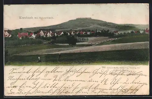 AK Kersbach bei Schnaittach, Zwei Spaziergänger auf Feld vor Ortschaft