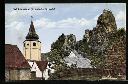 AK Wichsenstein /Fränk. Schw., Teilansicht mit Kirche und Felsformation