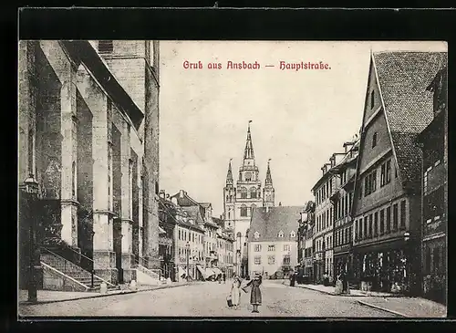 AK Ansbach, Hauptstrasse an der St. Johanniskirche mit Geschäften und Blick zur Gumbertuskirche