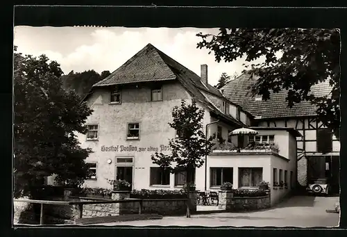 AK Unterleinleiter /Fränk. Schw., Gasthof-Pension zur alten Post H. Knoll mit Terrasse