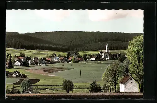 AK Mehlmeisel im Fichtelgebirge, Ortsansicht mit Kirche gegen Wald