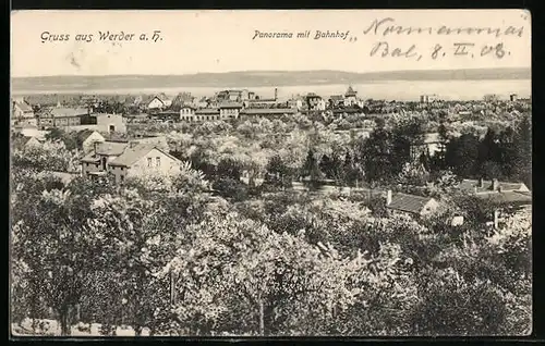 AK Werder a. H., Panorama mit Bahnhof