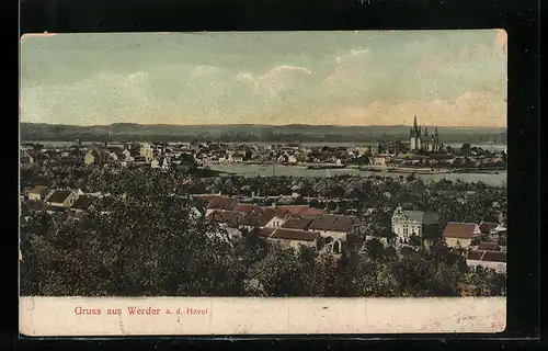 AK Werder a. d. Havel, Totalansicht mit Fluss und Kirche
