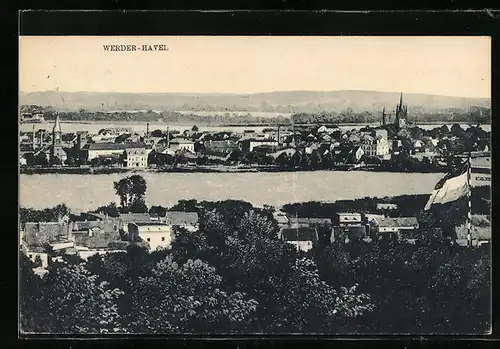 AK Werder-Havel, Ortsansicht mit Fluss und Kirchen