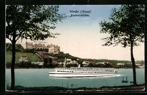 AK Werder (Havel), Bismarckhöhe hinter Flussdampfer Friedrich I.