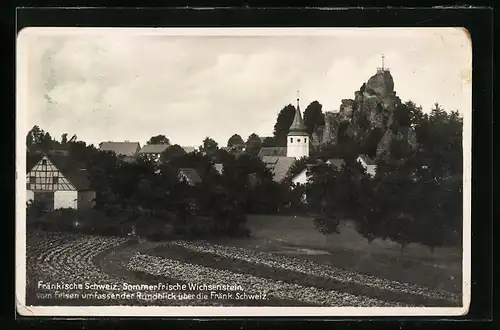 AK Wichsenstein /Fränk. Schweiz, Kreuz auf Felsen hinter Kirche