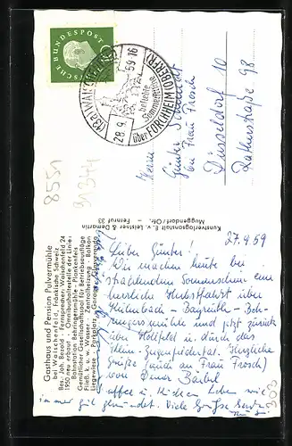 AK Waischenfeld /Fränkische Schweiz, Gasthaus und Pension Pulvermühle, Bes. Joh. Bezold