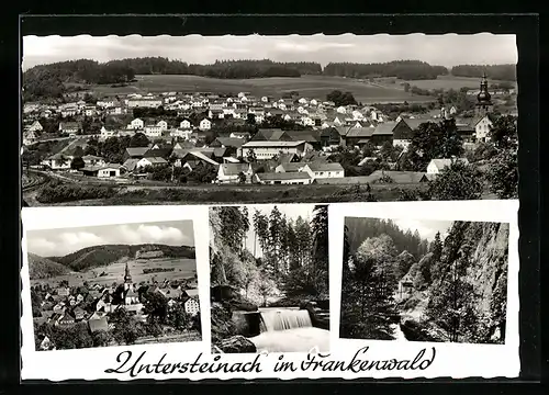 AK Untersteinach im Frankenwald, Panorama, Wasserfall, Ortsansicht mit Kirche