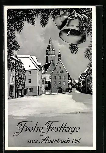 AK Auerbach / Opf., Sparkasse und Kirche im Winter